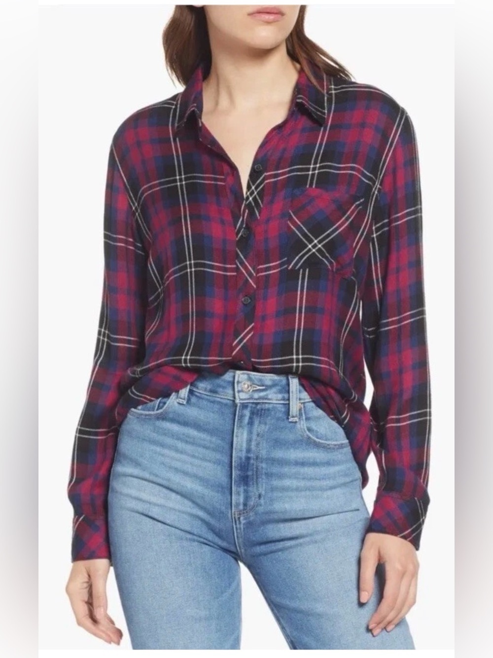 Rails Hunter Plaid Button Down Shirt Medium Onyx Scarlet Navy Rayon Flannel